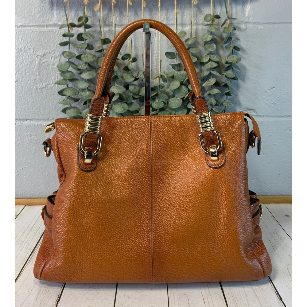 Kattee Womens Cognac Brown Pebbled Leather Satchel Bag Gold Hardware Tote
